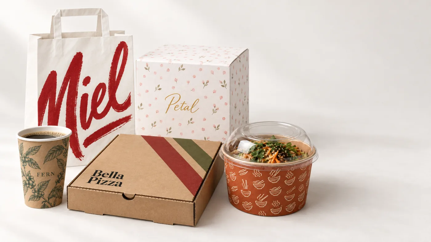 A printed coffee cup, paper carrier bag, pizza box, bakery box and noodle bowl, each carrying a different custom brand design