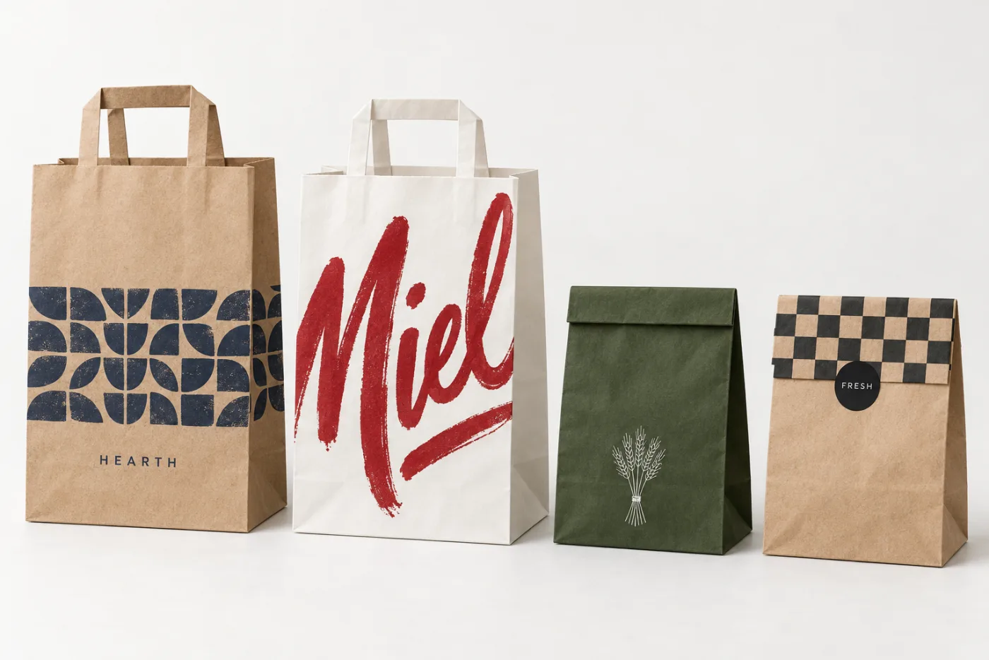 Four printed paper bags — a kraft carrier with a geometric pattern band, a white carrier with a large brush-script mark, an olive counter bag with a fine line illustration, and a kraft counter bag with a checkerboard band and sticker seal