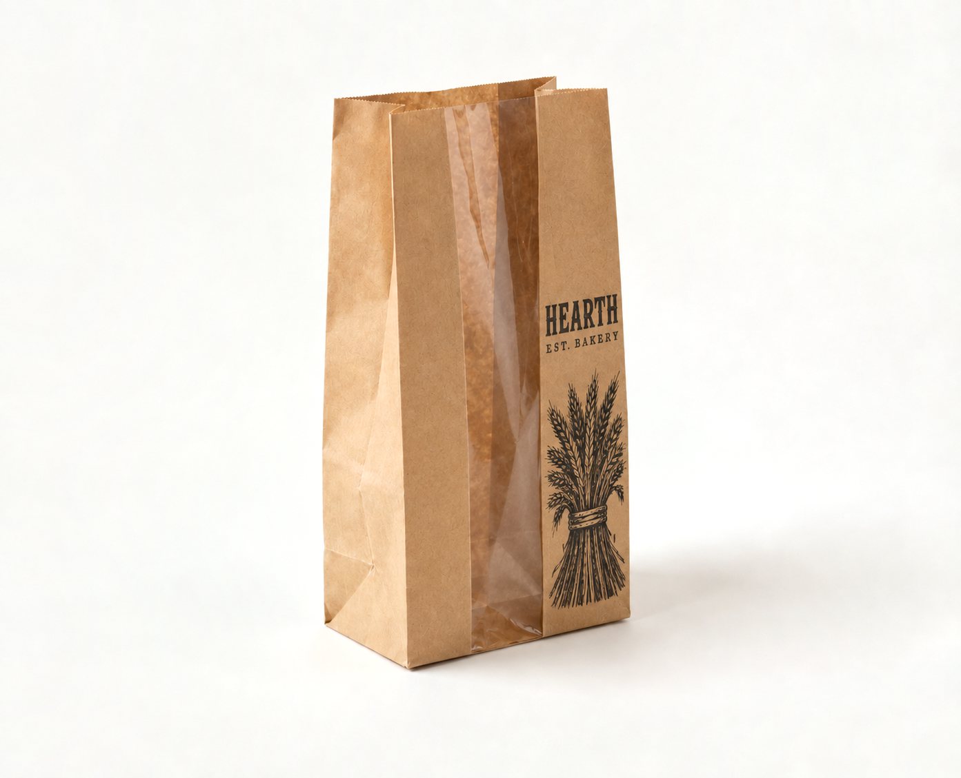 Large kraft bread bag printed with the rustic “HEARTH” bakery wordmark
