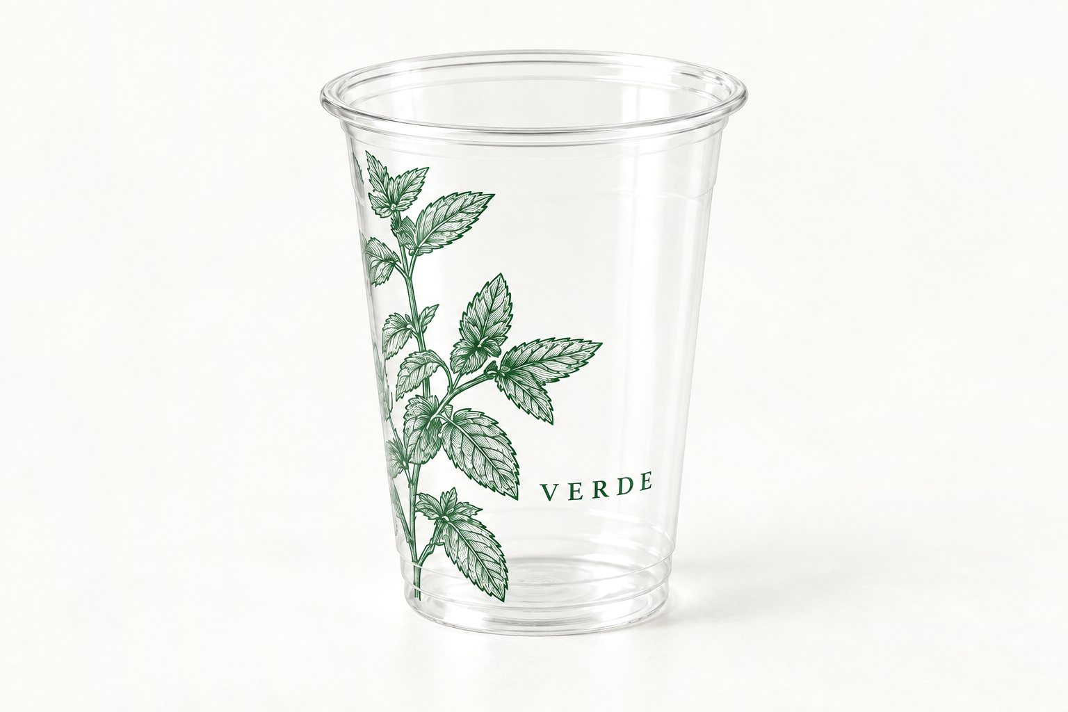 12 oz clear PET cold cup printed in one colour with a green mint-leaf illustration and the “VERDE” name