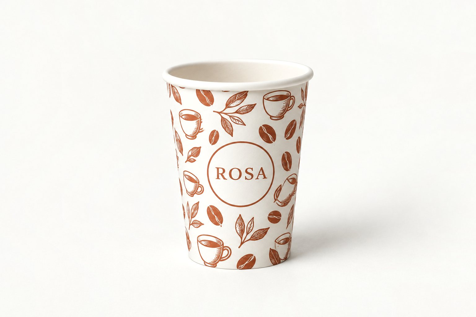 White 8 oz double wall paper cup printed with the ROSA terracotta coffee-bean pattern