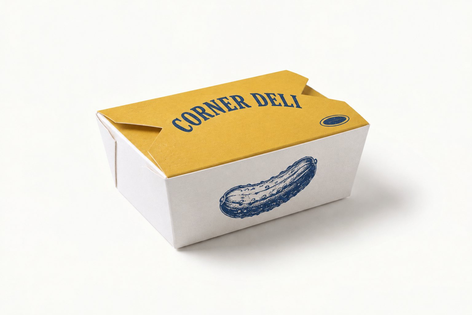 Kraft takeaway meal box printed with the navy “Corner Deli” stamp logo