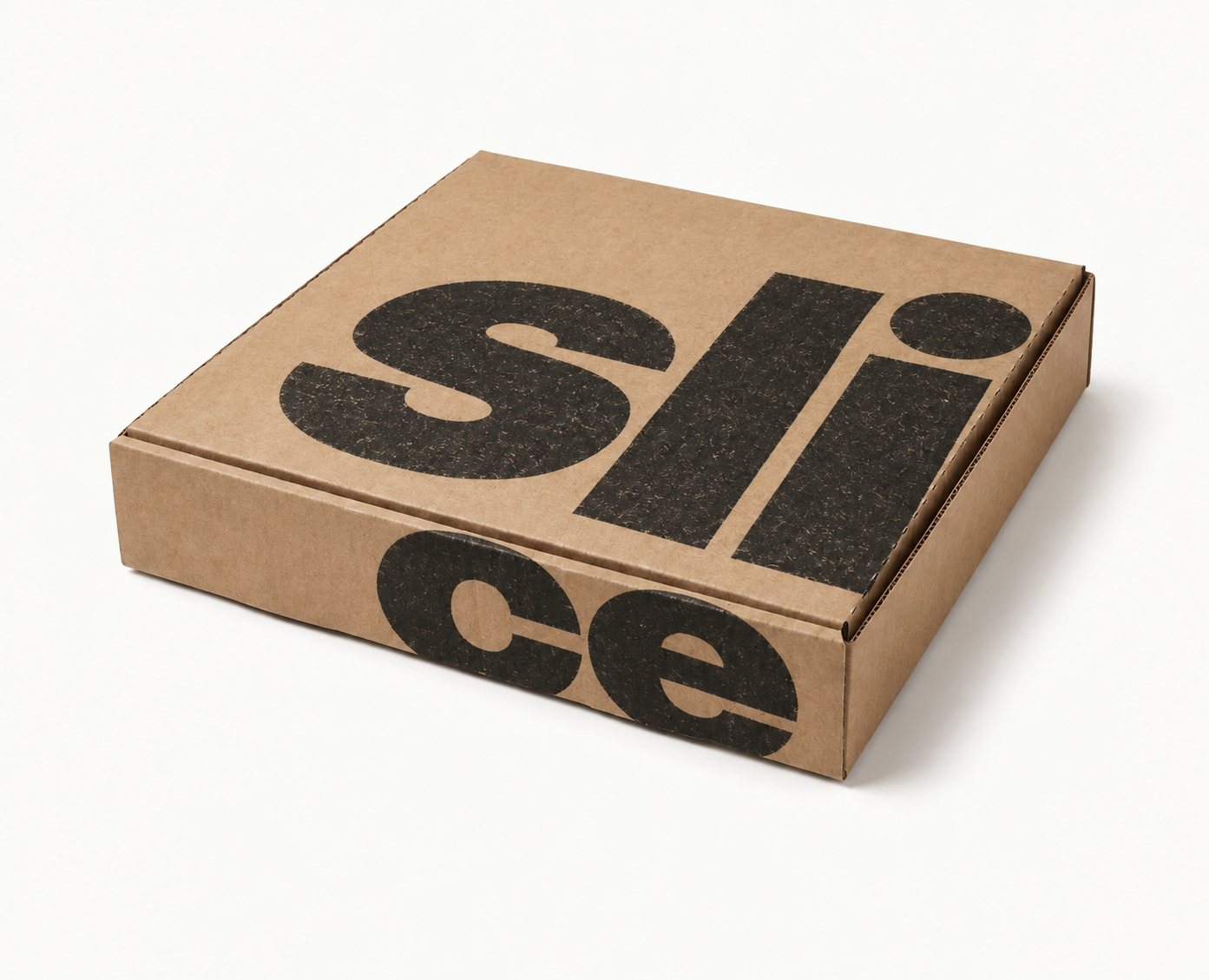 9 inch kraft pizza box printed in one colour with large black “slice” lettering