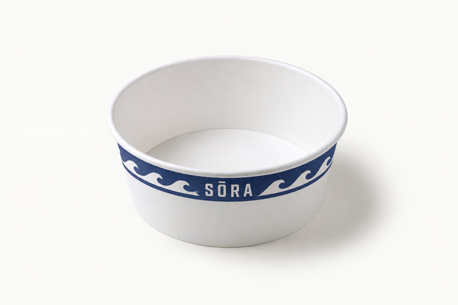 500 ml round paper bowl printed with the indigo “SŌRA” wave pattern